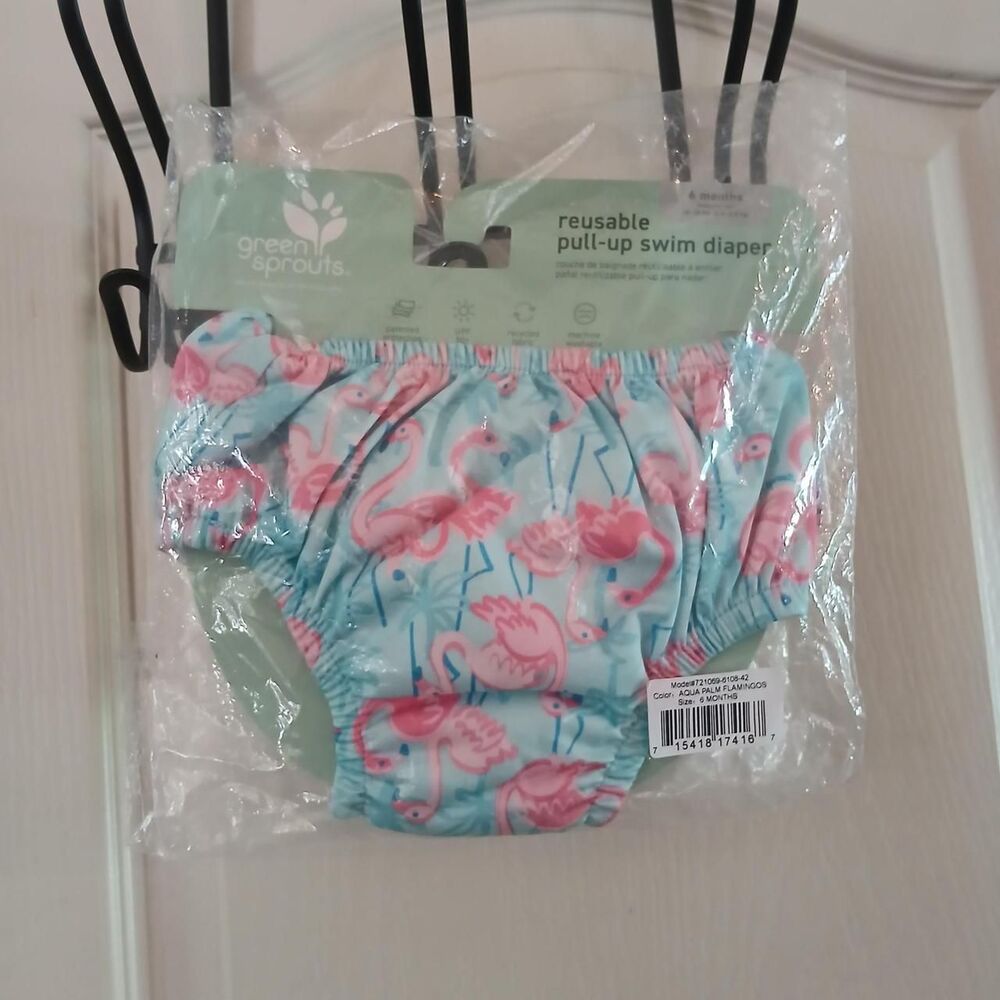 NWT Green Sprouts reusable pull-up swim diaper blue pink flamingos 6m